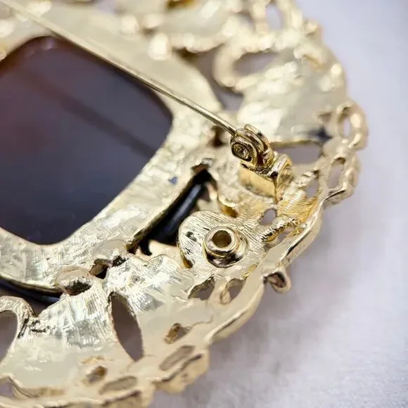 VTG Florenza Stamped Gold Large Amber Faceted Stone Etruscan Revival Brooch - Picture 10 of 14